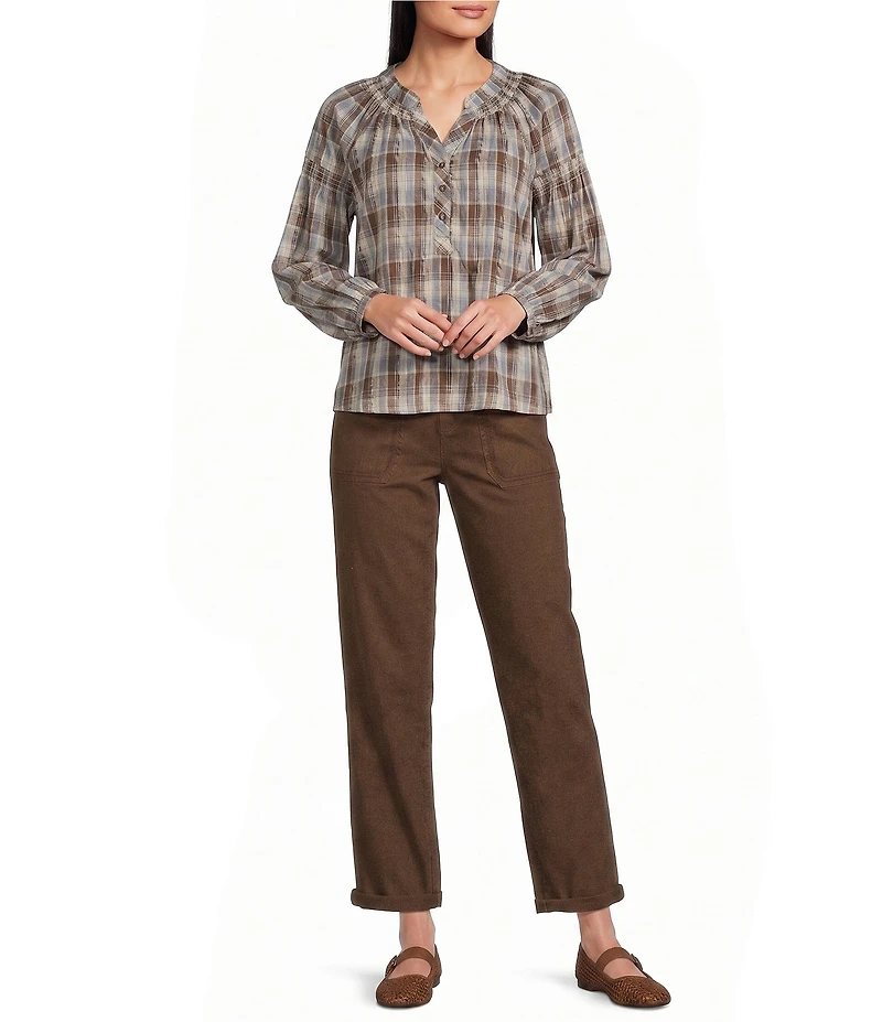 Intro Petite Size Woven Plaid Y-Neck Long Sleeve Top