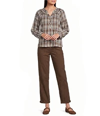 Intro Petite Size Woven Plaid Y-Neck Long Sleeve Top