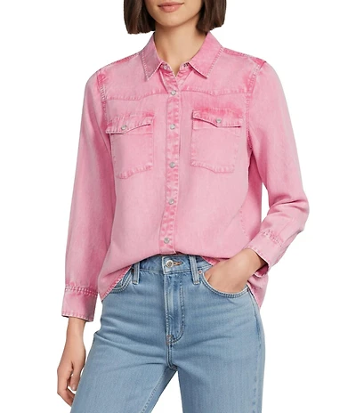 Intro Petite Size Woven Point Collar Long Sleeve Button-Front Shirt