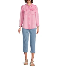 Intro Petite Size Woven Point Collar Long Sleeve Button-Front Shirt