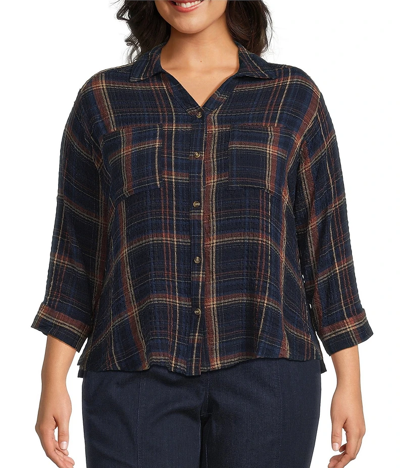 Intro Petite Size Woven Point Navy Beat Plaid Print Collar Long Roll-Tab Sleeve Button-Front Denim Shirt