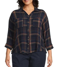 Intro Petite Size Woven Point Navy Beat Plaid Print Collar Long Roll-Tab Sleeve Button-Front Denim Shirt