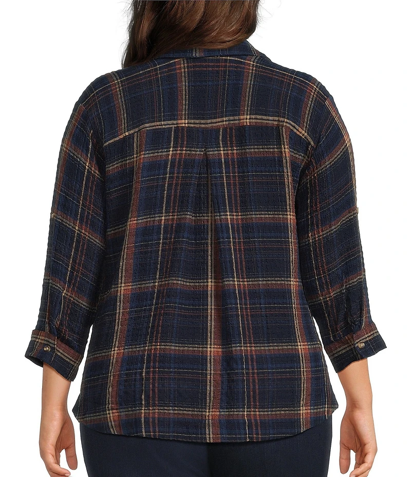 Intro Petite Size Woven Point Navy Beat Plaid Print Collar Long Roll-Tab Sleeve Button-Front Denim Shirt