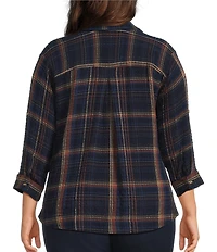 Intro Petite Size Woven Point Navy Beat Plaid Print Collar Long Roll-Tab Sleeve Button-Front Denim Shirt