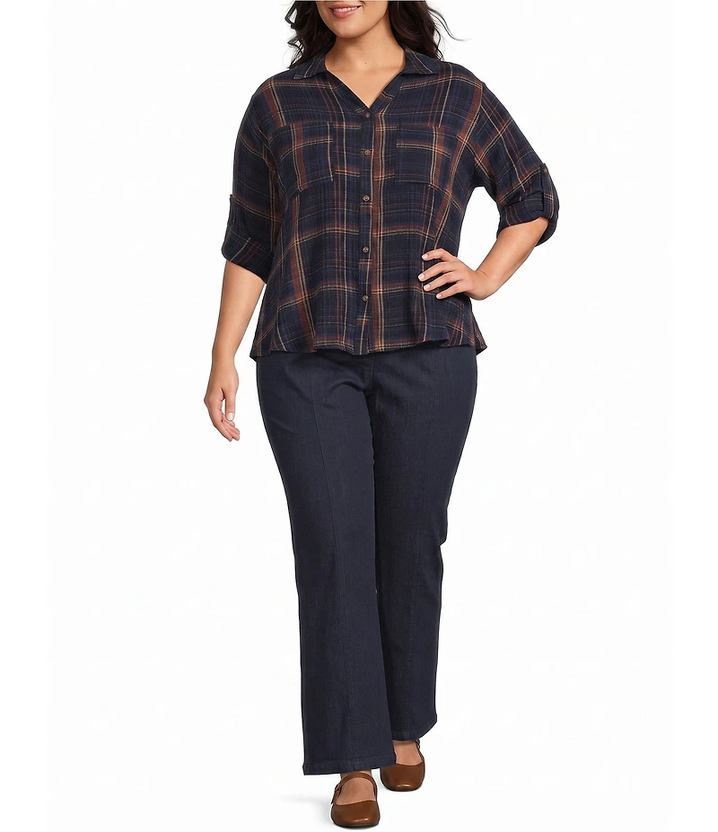 Intro Petite Size Woven Point Navy Beat Plaid Print Collar Long Roll-Tab Sleeve Button-Front Denim Shirt