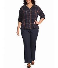 Intro Petite Size Woven Point Navy Beat Plaid Print Collar Long Roll-Tab Sleeve Button-Front Denim Shirt