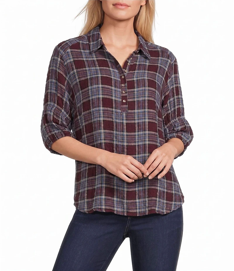 Intro Petite Size Woven Point Navy Beat Plaid Print Collar Long Roll-Tab Sleeve Button-Front Denim Shirt