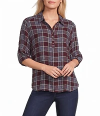Intro Petite Size Woven Point Navy Beat Plaid Print Collar Long Roll-Tab Sleeve Button-Front Denim Shirt
