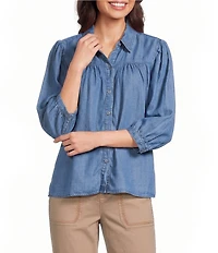 Intro Petite Size Woven Printed Point Collar 3/4 Sleeve Button Front Placket Blouse