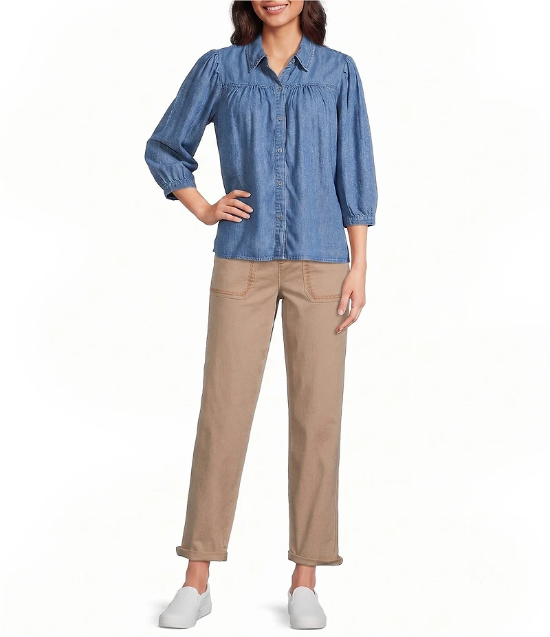 Intro Petite Size Woven Printed Point Collar 3/4 Sleeve Button Front Placket Blouse