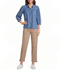 Intro Petite Size Woven Printed Point Collar 3/4 Sleeve Button Front Placket Blouse