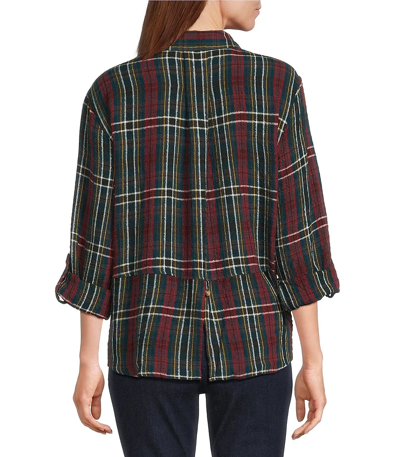 Intro Petite Size Woven Pucker Plaid Dark Sea Point Collar 3/4 Rolled-Tab Sleeve Button Front Shirt