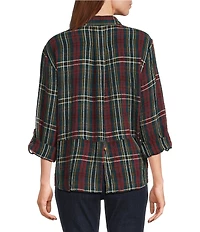 Intro Petite Size Woven Pucker Plaid Dark Sea Point Collar 3/4 Rolled-Tab Sleeve Button Front Shirt