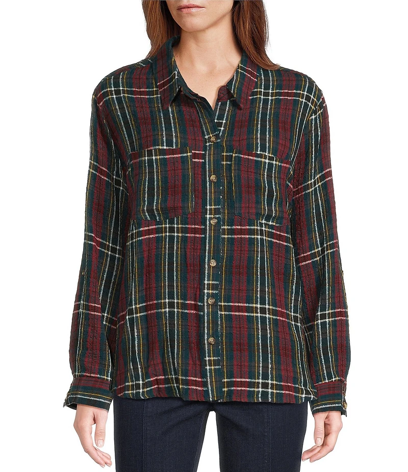 Intro Petite Size Woven Pucker Plaid Dark Sea Point Collar 3/4 Rolled-Tab Sleeve Button Front Shirt