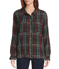 Intro Petite Size Woven Pucker Plaid Dark Sea Point Collar 3/4 Rolled-Tab Sleeve Button Front Shirt