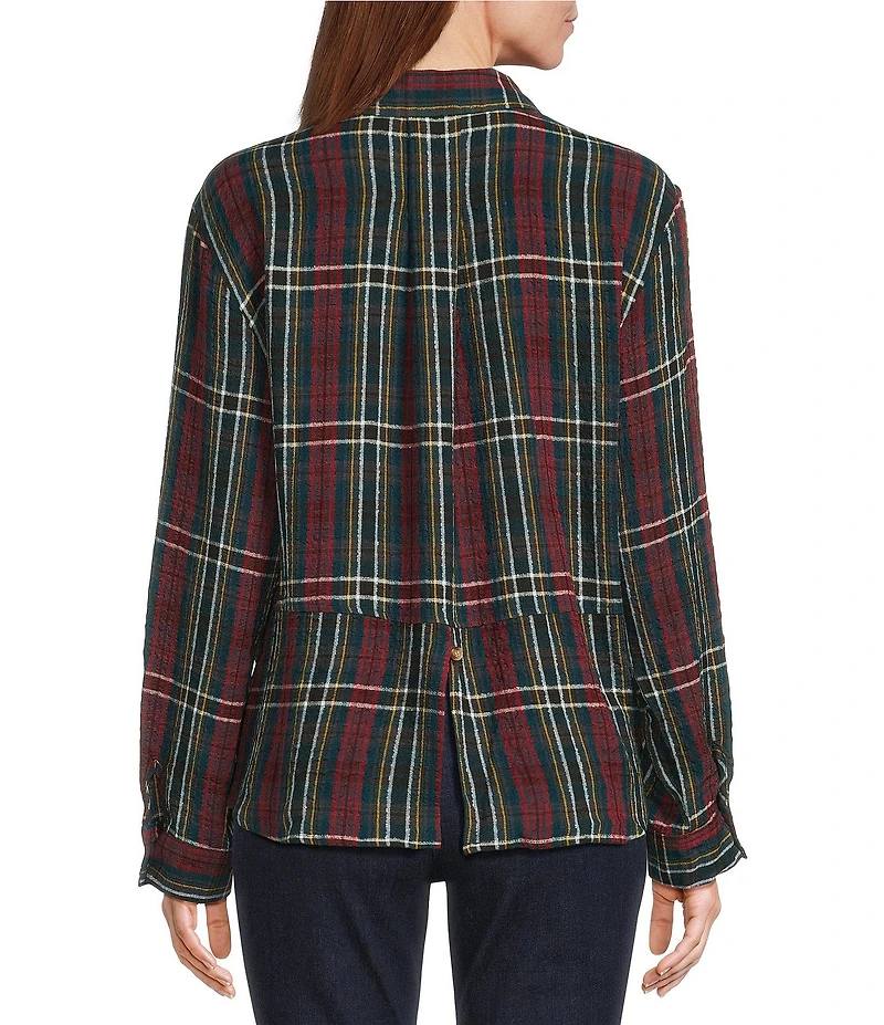Intro Petite Size Woven Pucker Plaid Dark Sea Point Collar 3/4 Rolled-Tab Sleeve Button Front Shirt
