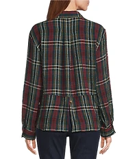 Intro Petite Size Woven Pucker Plaid Dark Sea Point Collar 3/4 Rolled-Tab Sleeve Button Front Shirt
