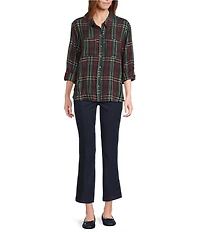 Intro Petite Size Woven Pucker Plaid Dark Sea Point Collar 3/4 Rolled-Tab Sleeve Button Front Shirt