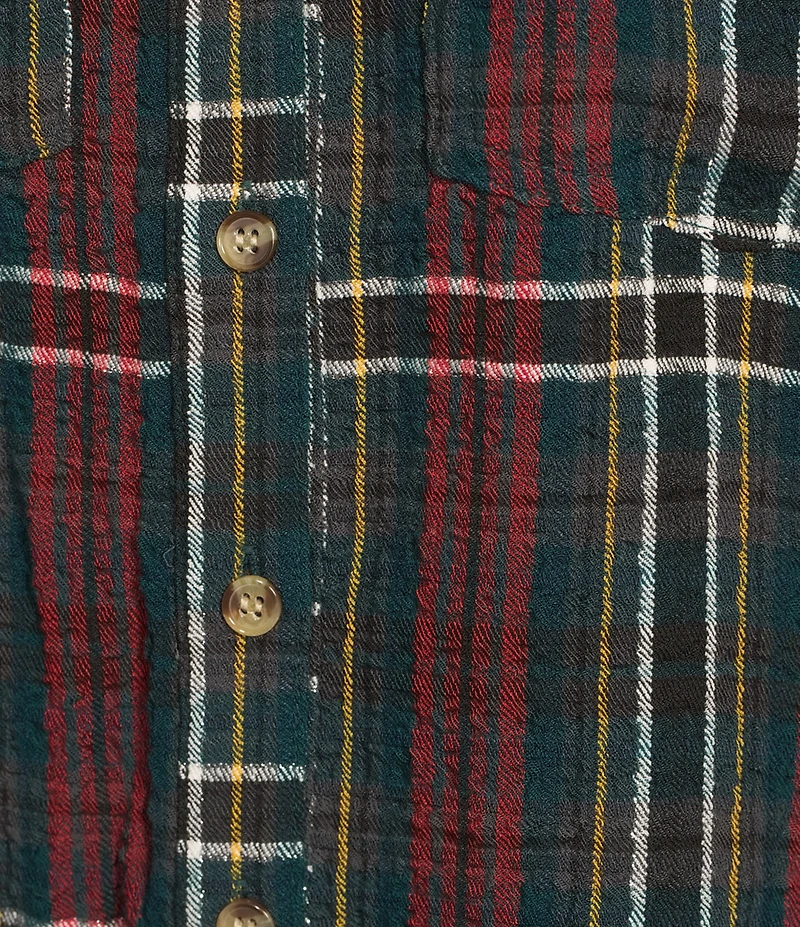 Intro Petite Size Woven Pucker Plaid Dark Sea Point Collar 3/4 Rolled-Tab Sleeve Button Front Shirt