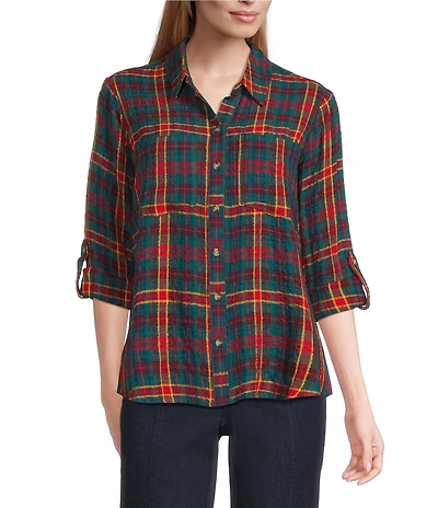 Intro Petite Size Woven Pucker Plaid New Red Admore Point Collar 3/4 Rolled-Tab Sleeve Button-Front Shirt