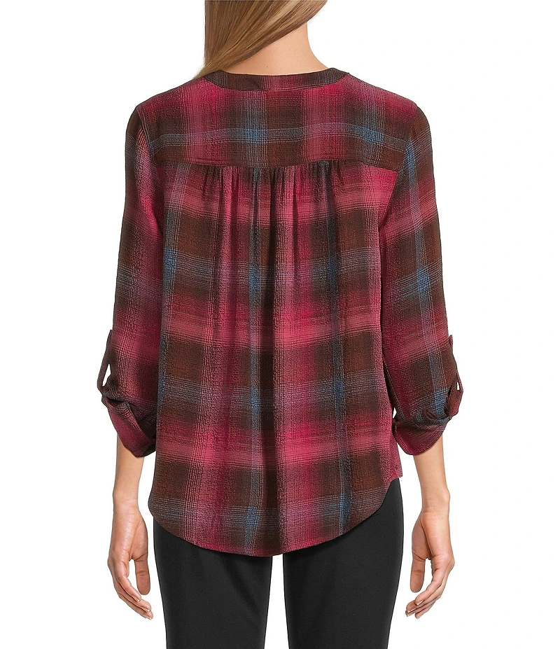 Intro Petite Size Woven Red Bud Band Plaid V-Neck Long Roll-Tab Sleeve Button Front Blouse