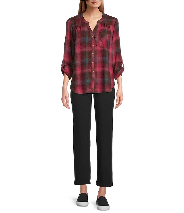 Intro Petite Size Lyocell Slub Long Roll-Tab Sleeve Shirred