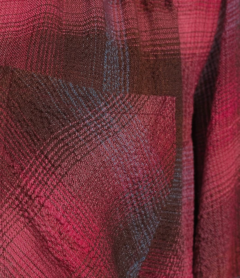 Intro Petite Size Woven Red Bud Band Plaid V-Neck Long Roll-Tab Sleeve Button Front Blouse