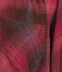 Intro Petite Size Woven Red Bud Band Plaid V-Neck Long Roll-Tab Sleeve Button Front Blouse