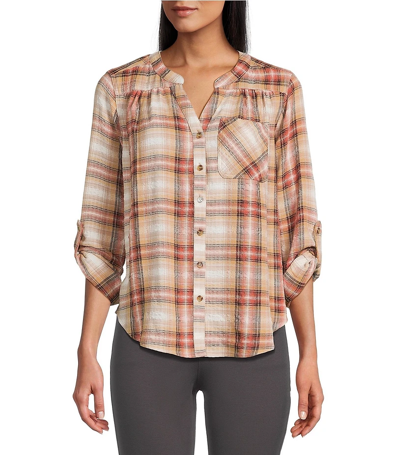 Intro Petite Size Woven Wood Thrush Band Plaid V-Neck Long Roll-Tab Sleeve Button Front Blouse