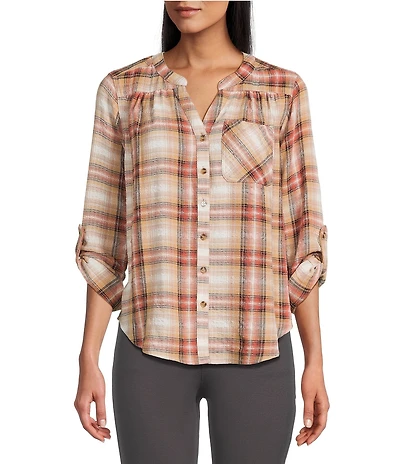 Intro Petite Size Woven Wood Thrush Band Plaid V-Neck Long Roll-Tab Sleeve Button Front Blouse