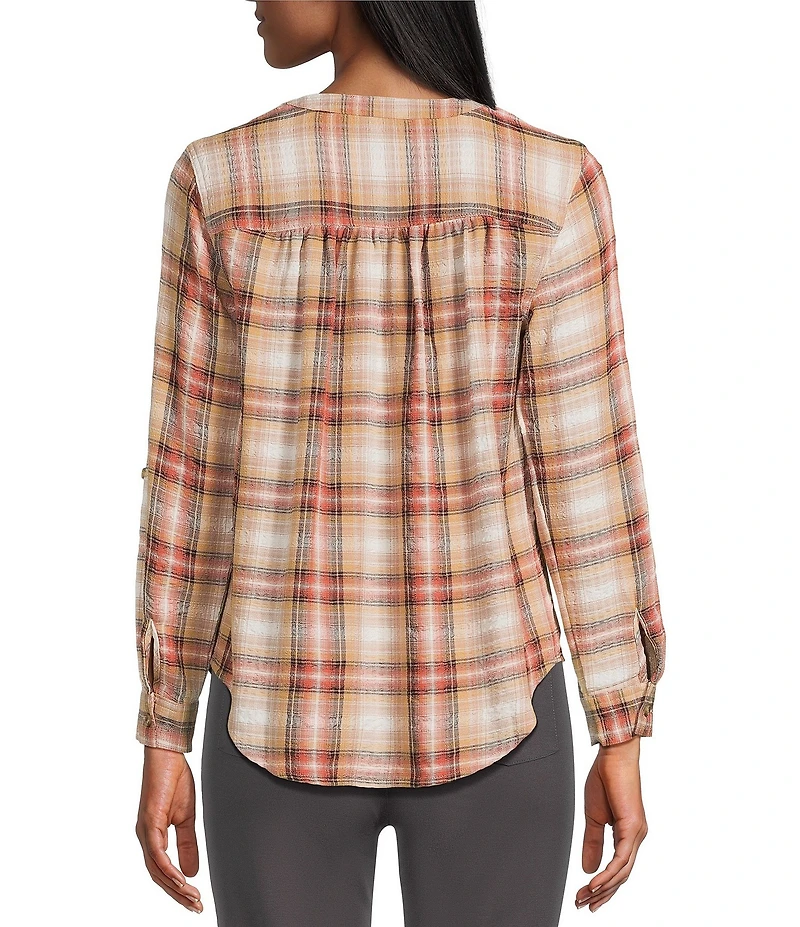 Intro Petite Size Woven Wood Thrush Band Plaid V-Neck Long Roll-Tab Sleeve Button Front Blouse
