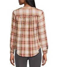 Intro Petite Size Woven Wood Thrush Band Plaid V-Neck Long Roll-Tab Sleeve Button Front Blouse