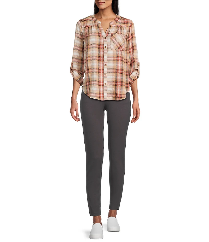 Intro Petite Size Woven Wood Thrush Band Plaid V-Neck Long Roll-Tab Sleeve Button Front Blouse