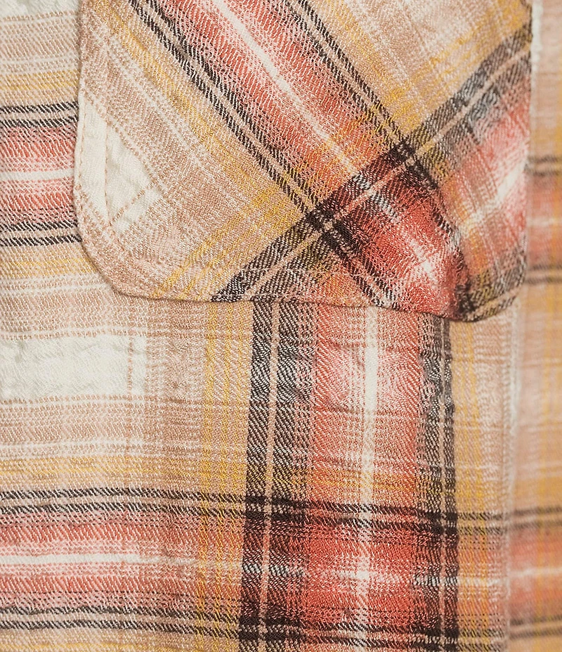 Intro Petite Size Woven Wood Thrush Band Plaid V-Neck Long Roll-Tab Sleeve Button Front Blouse