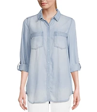 Intro Petite Size Roll-Tab Sleeve Button Front Slub Lyocell Shirt