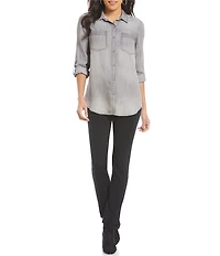 Intro Petite Size Roll-Tab Sleeve Button Front Slub Lyocell Shirt