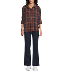 Intro Plaid Print Gold Lurex Detail Long Roll-Tab Sleeve Button Down Swing Shirt