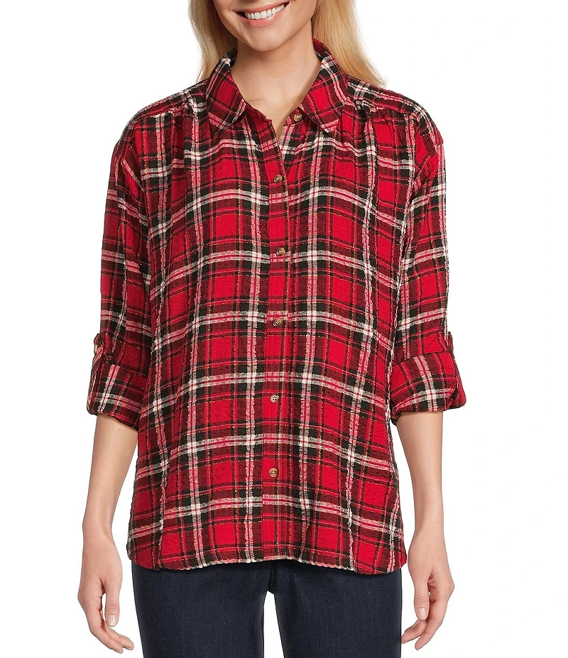 Intro Plaid Print Gold Lurex Detail Long Roll-Tab Sleeve Button Down Swing Shirt