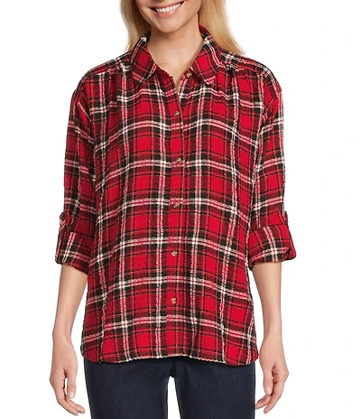 Intro Plaid Print Gold Lurex Detail Long Roll-Tab Sleeve Button Down Swing Shirt