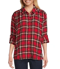 Intro Plaid Print Gold Lurex Detail Long Roll-Tab Sleeve Button Down Swing Shirt