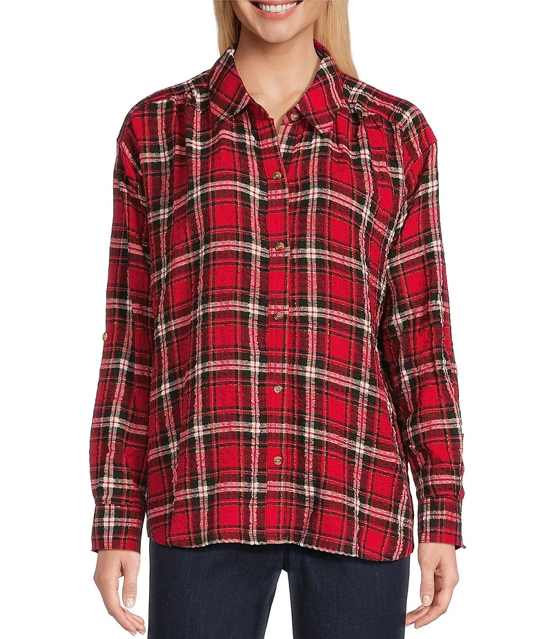 Intro Plaid Print Gold Lurex Detail Long Roll-Tab Sleeve Button Down Swing Shirt