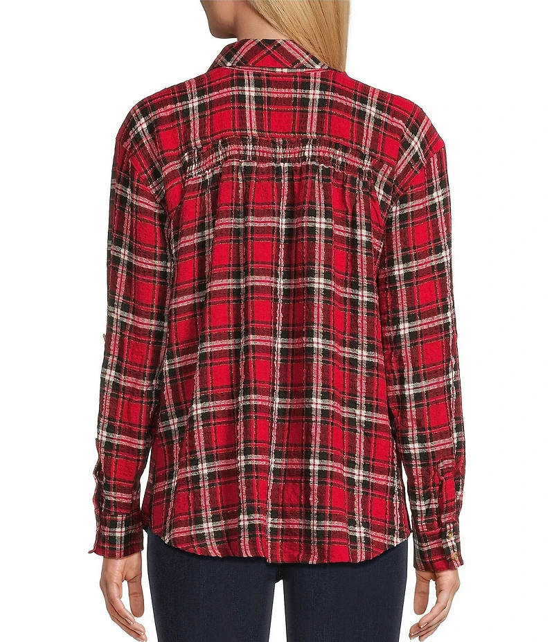 Intro Plaid Print Gold Lurex Detail Long Roll-Tab Sleeve Button Down Swing Shirt