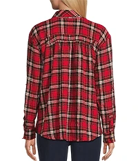 Intro Plaid Print Gold Lurex Detail Long Roll-Tab Sleeve Button Down Swing Shirt