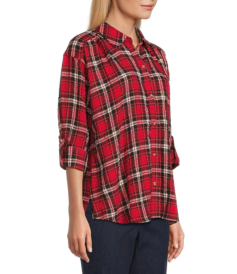 Intro Plaid Print Gold Lurex Detail Long Roll-Tab Sleeve Button Down Swing Shirt