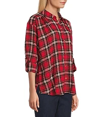 Intro Plaid Print Gold Lurex Detail Long Roll-Tab Sleeve Button Down Swing Shirt