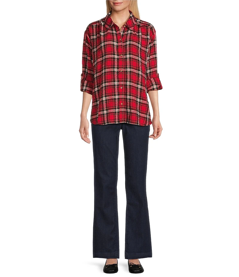 Intro Plaid Print Gold Lurex Detail Long Roll-Tab Sleeve Button Down Swing Shirt