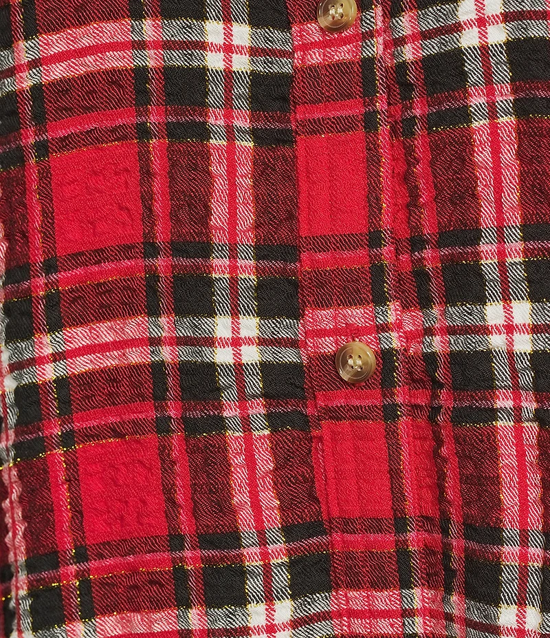 Intro Plaid Print Gold Lurex Detail Long Roll-Tab Sleeve Button Down Swing Shirt