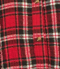 Intro Plaid Print Gold Lurex Detail Long Roll-Tab Sleeve Button Down Swing Shirt