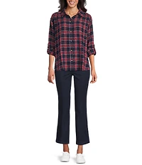 Intro Plaid Print Long Roll-Tab Sleeve Button Down Swing Shirt