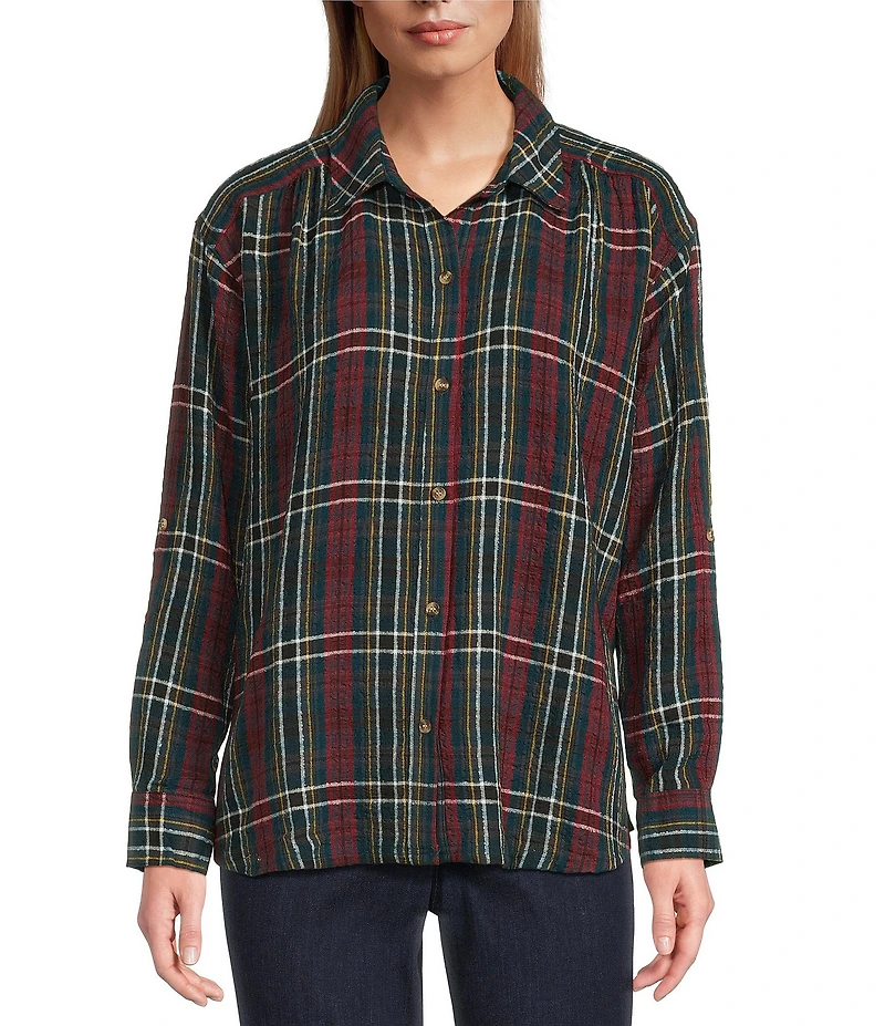 Intro Plaid Print Silver Lurex Detail Long Roll-Tab Sleeve Button Down Swing Shirt